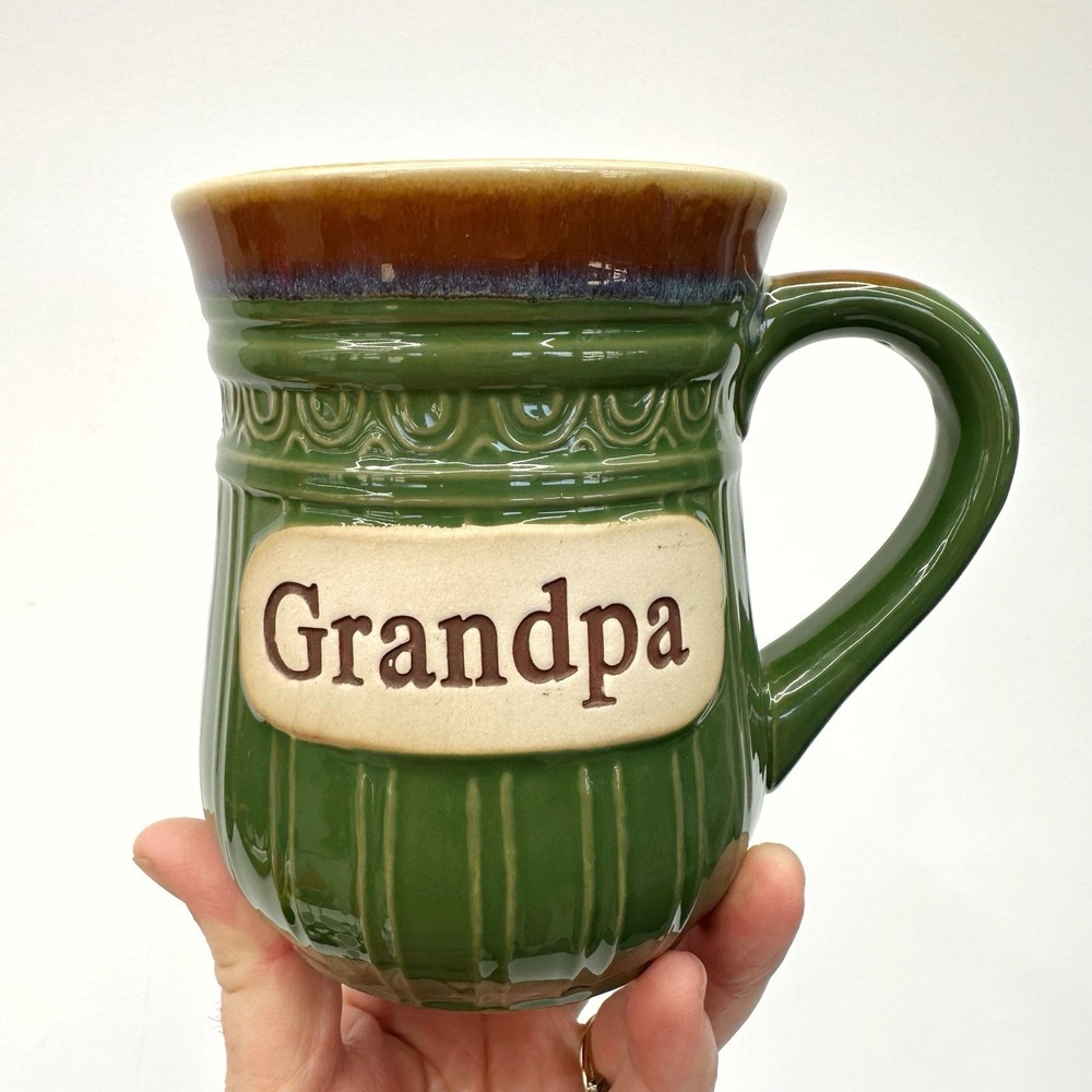 Cracker Barrel Grandpa Large Stoneware Coffee Mug Cup Green Tan Grandfather 16oz